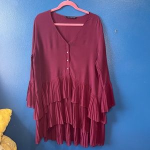 Zara Wine Colored Tunic with Double Ruffle at Sleeves and Hem